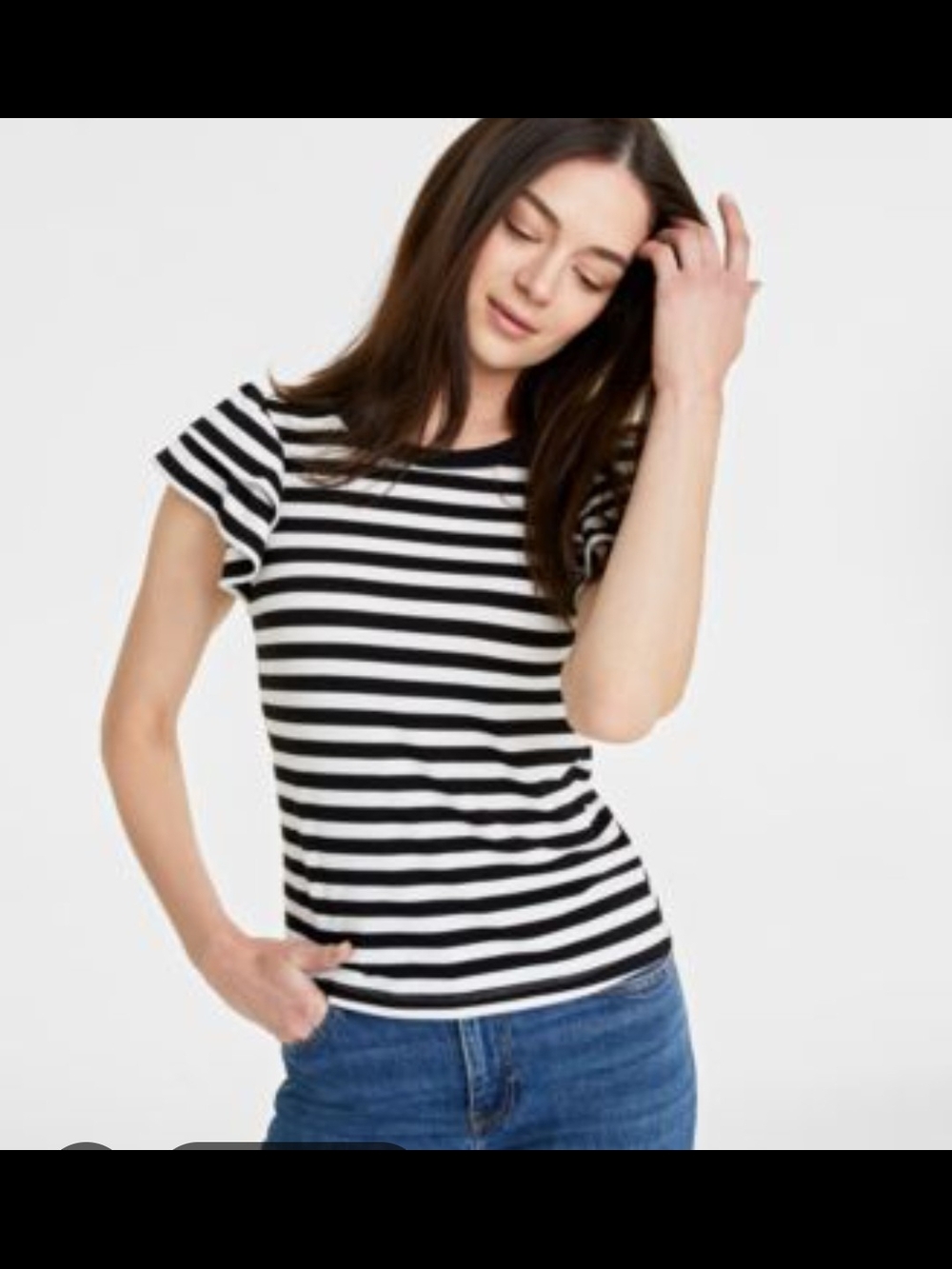 On 34th Striped Flutter Sleeve Women’s Top - Black & White